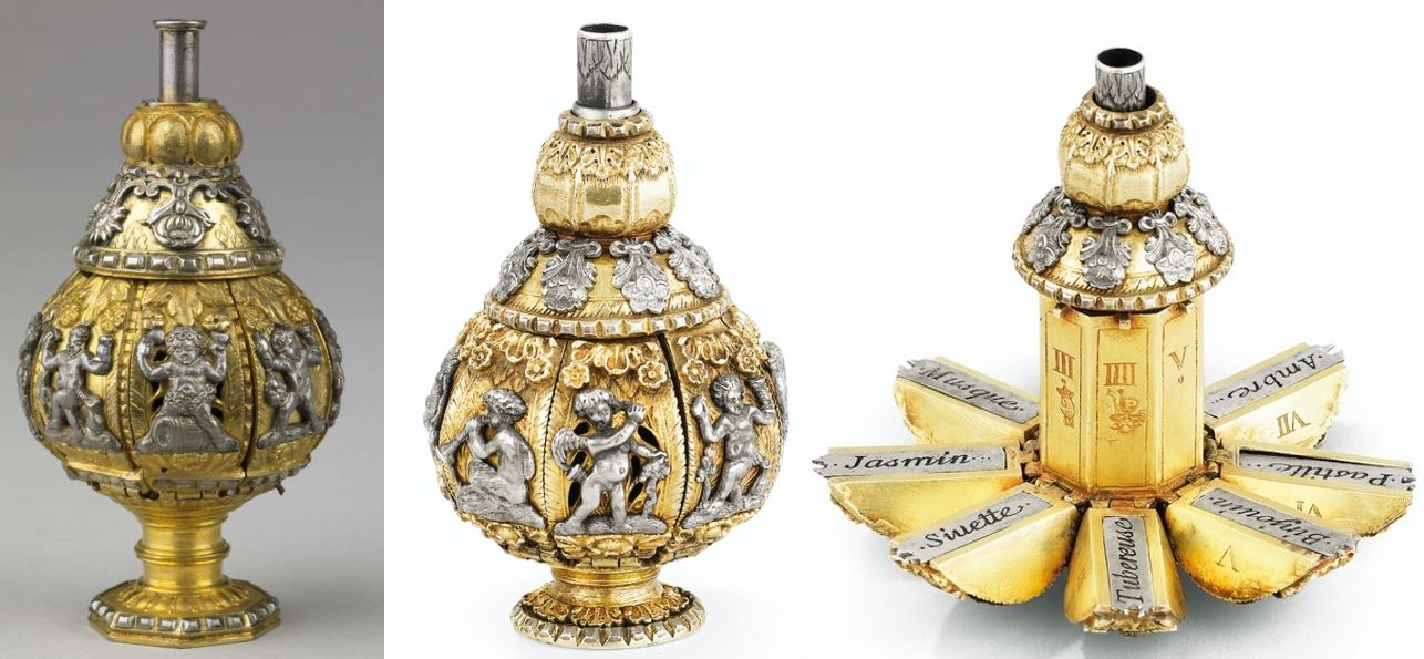 Scalpel_et_matula_Chinon_pomanders Pomander exposé (gauche) et modèle fin XVIIème (droite - photo Sothebys)