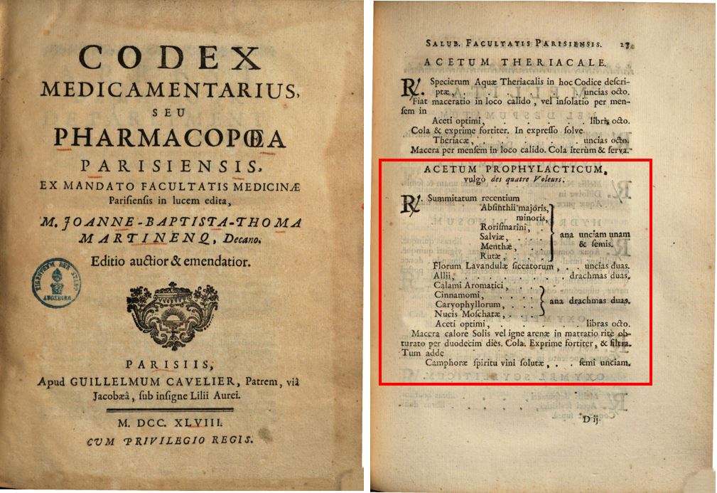 Vinaigre des 4 voleurs dans l'édition de 1748 de la pharmacopée parisienne