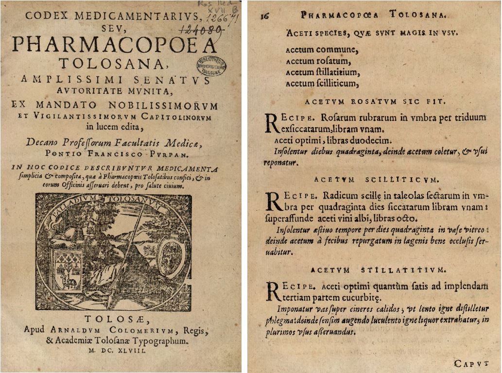 Edition de 1648 de la pharmacopée toulousaine et détail des vinaigres référencés