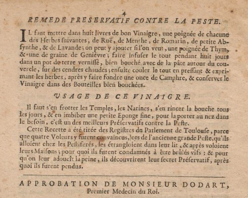 Recette du vinaigre des 4 voleurs dans le mémoire de Dodart de 1721