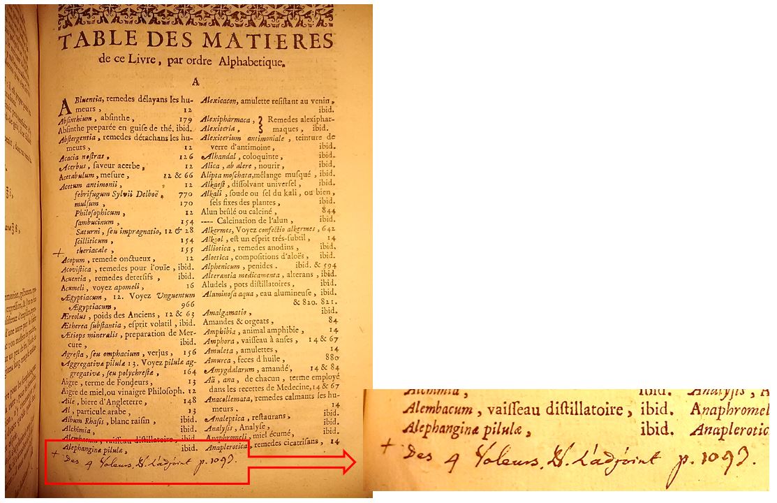 Mention manuscrite au vinaigre des 4 voleurs dans la pharmacopée de 1734 de Lemery