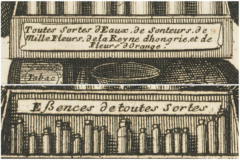 Détails du présentoir du parfumeur avec des eaux diverses