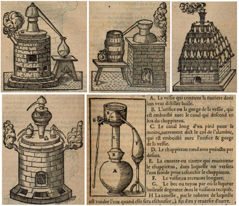 Divers appareils de distillation d'après Estienne et Liebault (1564)